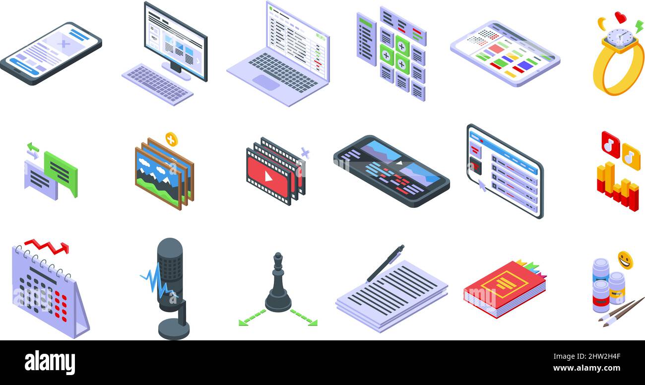Content plan icons set isometric vector. Website code. Web computer Stock Vector