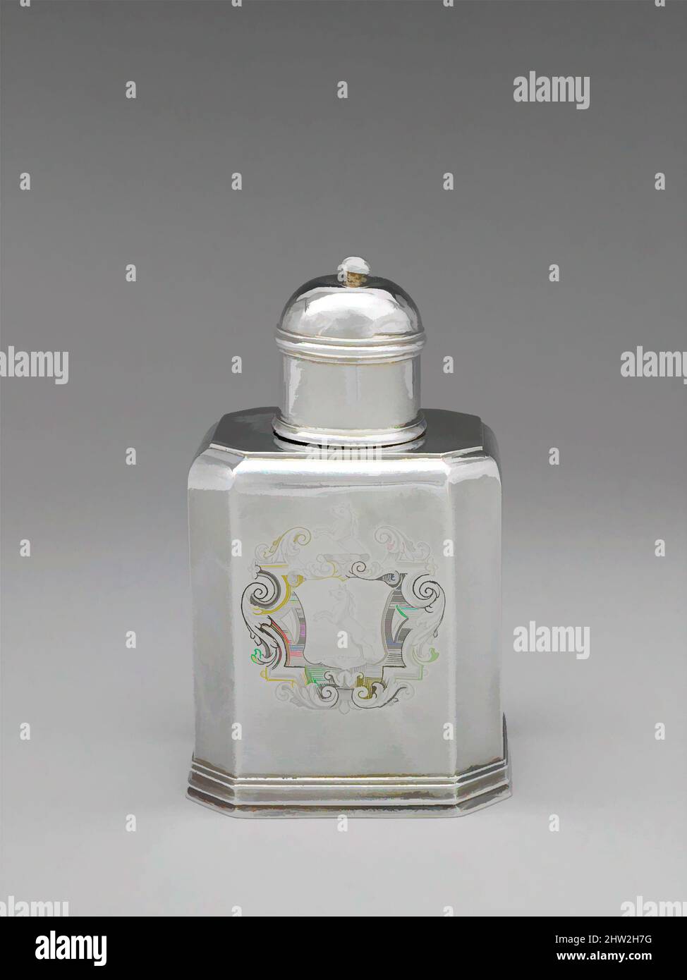 Art inspired by Tea Caddy, 1725–40, Made in New York, New York, United States, American, Silver, Overall: 4 5/16 x 2 11/16 x 2 1/4 in. (11 x 6.8 x 5.7 cm); 5 oz. 15 dwt. (178 g), Silver, Simeon Soumaine (baptized 1685–ca. 1750), Rare survivals in early American silver, this pair of, Classic works modernized by Artotop with a splash of modernity. Shapes, color and value, eye-catching visual impact on art. Emotions through freedom of artworks in a contemporary way. A timeless message pursuing a wildly creative new direction. Artists turning to the digital medium and creating the Artotop NFT Stock Photo