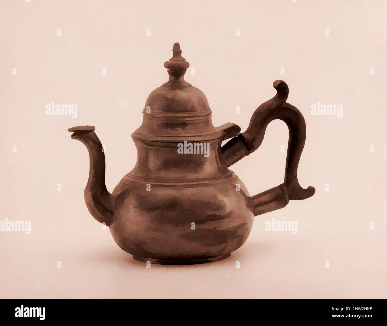 Art inspired by Teapot, 1760–80, Made in England, Pewter, wood, 6 3/8 x 7 1/4 in. (16.2 x 18.4 cm), Metal, T. S, Classic works modernized by Artotop with a splash of modernity. Shapes, color and value, eye-catching visual impact on art. Emotions through freedom of artworks in a contemporary way. A timeless message pursuing a wildly creative new direction. Artists turning to the digital medium and creating the Artotop NFT Stock Photo