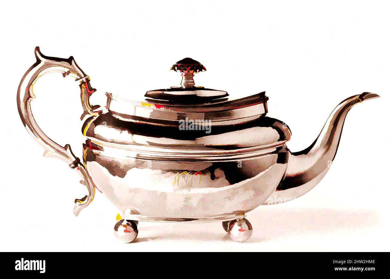 Art inspired by Teapot, ca. 1810, Made in New York, New York, United States, American, Silver, 6 5/8 x 12 15/16 x 5 3/8 in. (16.8 x 32.9 x 13.7 cm); 20 oz. 19 dwt. (651.7 g), Silver, Garret Forbes (1785–1851, Classic works modernized by Artotop with a splash of modernity. Shapes, color and value, eye-catching visual impact on art. Emotions through freedom of artworks in a contemporary way. A timeless message pursuing a wildly creative new direction. Artists turning to the digital medium and creating the Artotop NFT Stock Photo