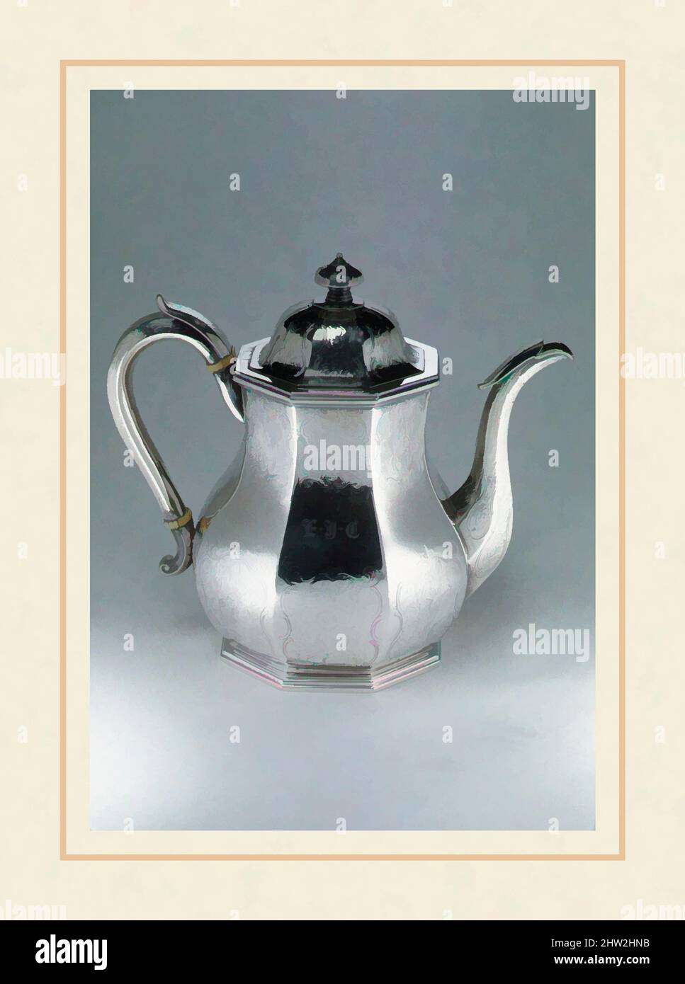 Art inspired by Teapot, ca. 1840, Made in New York, New York, United States, American, Silver, Overall: 7 15/16 x 8 13/16 x 5 3/8 in. (20.2 x 22.4 x 13.7 cm); 27 oz. 3 dwt. (844.9 g), Silver, William Forbes (baptized 1799, active New York, 1826–63, Classic works modernized by Artotop with a splash of modernity. Shapes, color and value, eye-catching visual impact on art. Emotions through freedom of artworks in a contemporary way. A timeless message pursuing a wildly creative new direction. Artists turning to the digital medium and creating the Artotop NFT Stock Photo