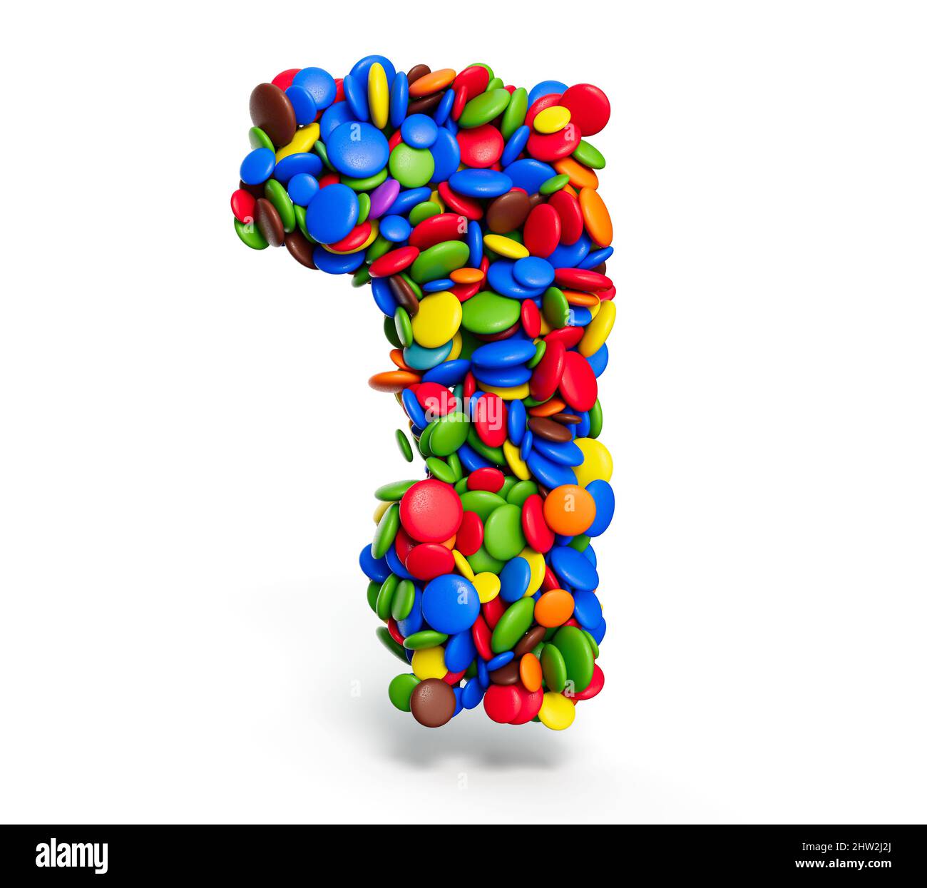 3D illustration of the number 1 made of chocolate candies on the white ...