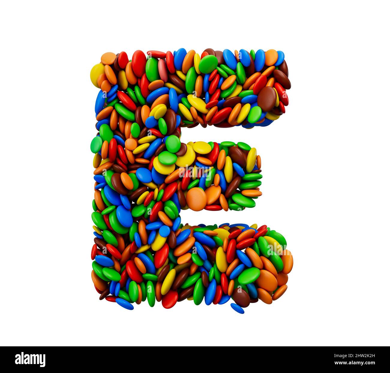 3D illustration of the letter E made of chocolate candies on the white