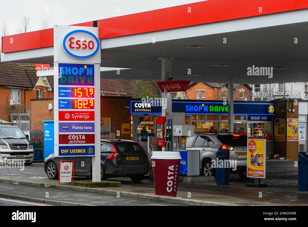 Bridport, Dorset, UK. 3rd March 2022. Fuel prices are increasing again due  to the invasion of Ukraine by Russia. The sign at the ESSO petrol station  on the A35 at Bridport in