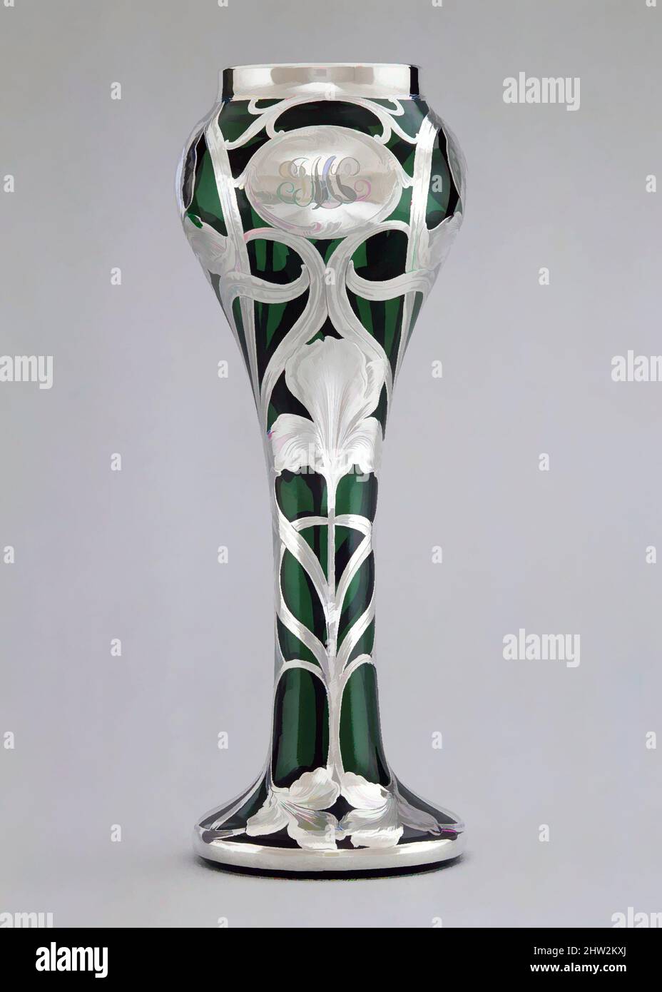Art inspired by Vase, 1890–1905, Made in Providence, Rhode Island, United States, American, Glass, silver, Overall: 13 15/16 x 5 1/4 in. (35.4 x 13.3 cm); 36 oz. 4 dwt. (1126.2 g), Silver, The Alvin Manufacturing Company (1886–1928, Classic works modernized by Artotop with a splash of modernity. Shapes, color and value, eye-catching visual impact on art. Emotions through freedom of artworks in a contemporary way. A timeless message pursuing a wildly creative new direction. Artists turning to the digital medium and creating the Artotop NFT Stock Photo