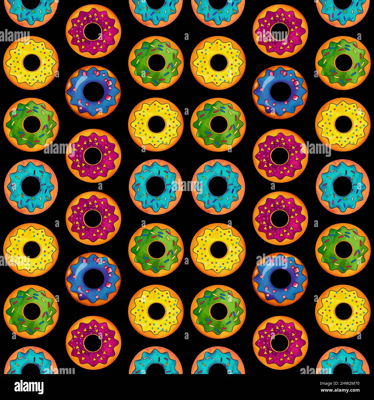 Seamless pattern of donuts multi colored on a black isolated background ...