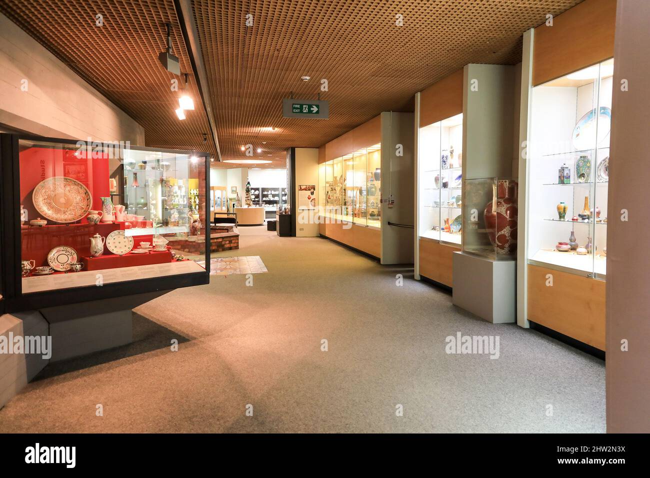Pottery in display cases on show at the Potteries Museum and Art