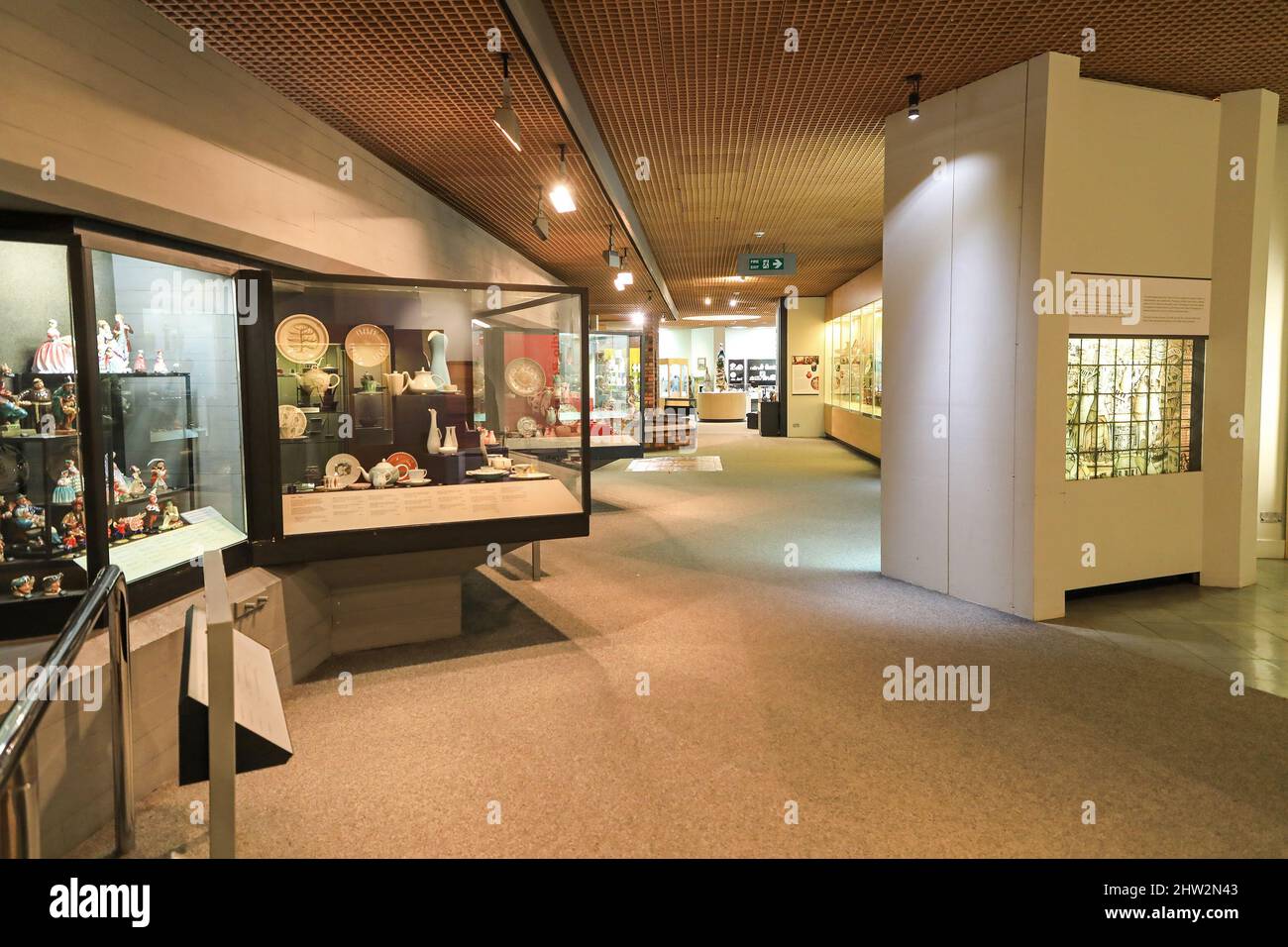 Pottery in display cases on show at the Potteries Museum and Art