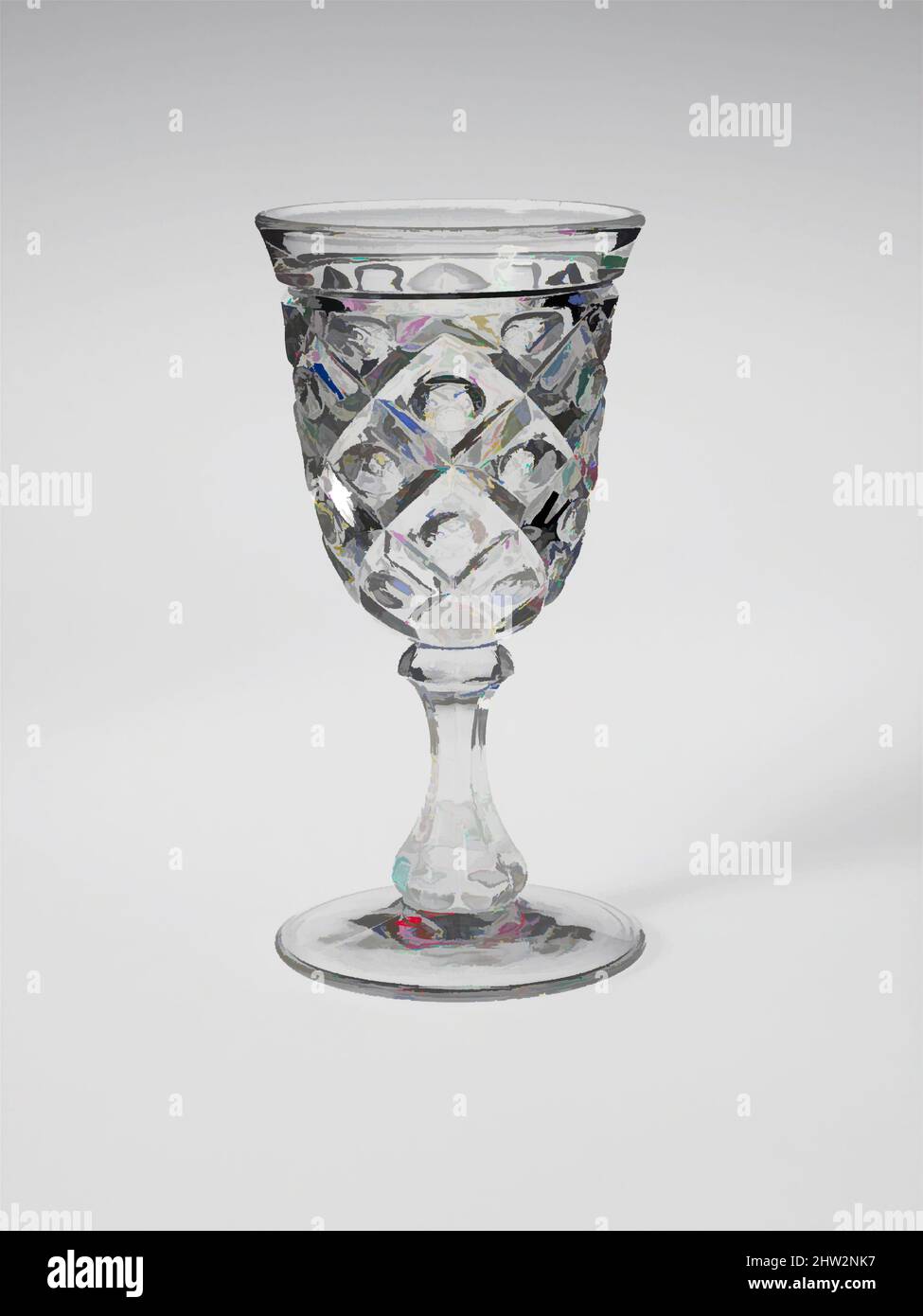 Art inspired by Wine Glass, 1850–60, Probably made in Pittsburgh, Pennsylvania, United States, American, Pressed glass, diamond thumbprint, Glass, With the development of new formulas and techniques, glass-pressing technology had improved markedly by the late 1840s. By this time, Classic works modernized by Artotop with a splash of modernity. Shapes, color and value, eye-catching visual impact on art. Emotions through freedom of artworks in a contemporary way. A timeless message pursuing a wildly creative new direction. Artists turning to the digital medium and creating the Artotop NFT Stock Photo