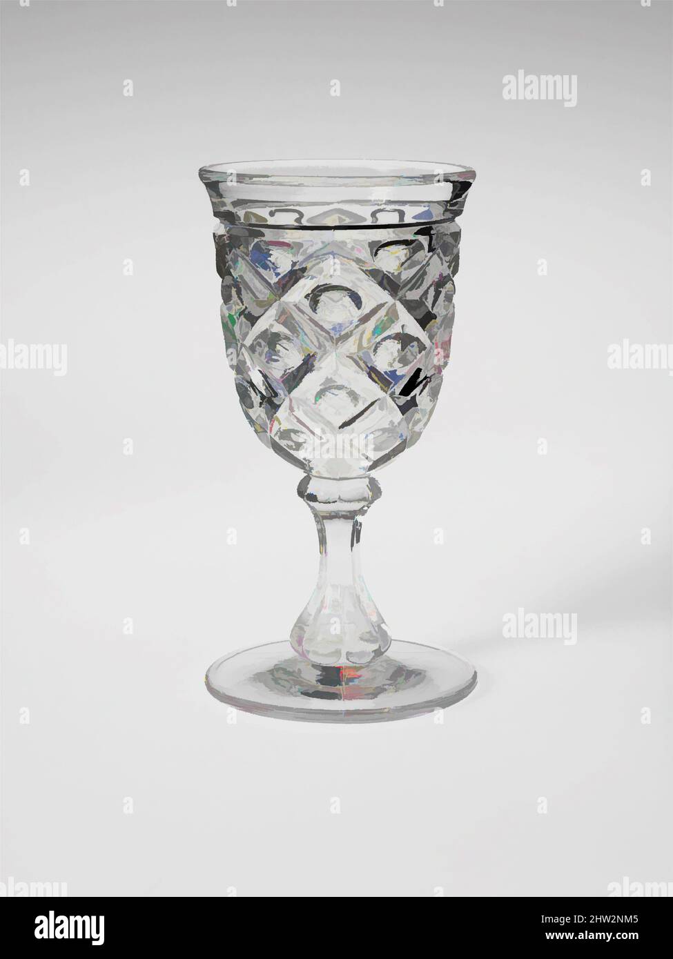 Art inspired by Goblet, 1850–60, Probably made in Pittsburgh, Pennsylvania, United States, American, Pressed glass, diamond thumbprint, Glass, With the development of new formulas and techniques, glass-pressing technology had improved markedly by the late 1840s. By this time, pressed, Classic works modernized by Artotop with a splash of modernity. Shapes, color and value, eye-catching visual impact on art. Emotions through freedom of artworks in a contemporary way. A timeless message pursuing a wildly creative new direction. Artists turning to the digital medium and creating the Artotop NFT Stock Photo