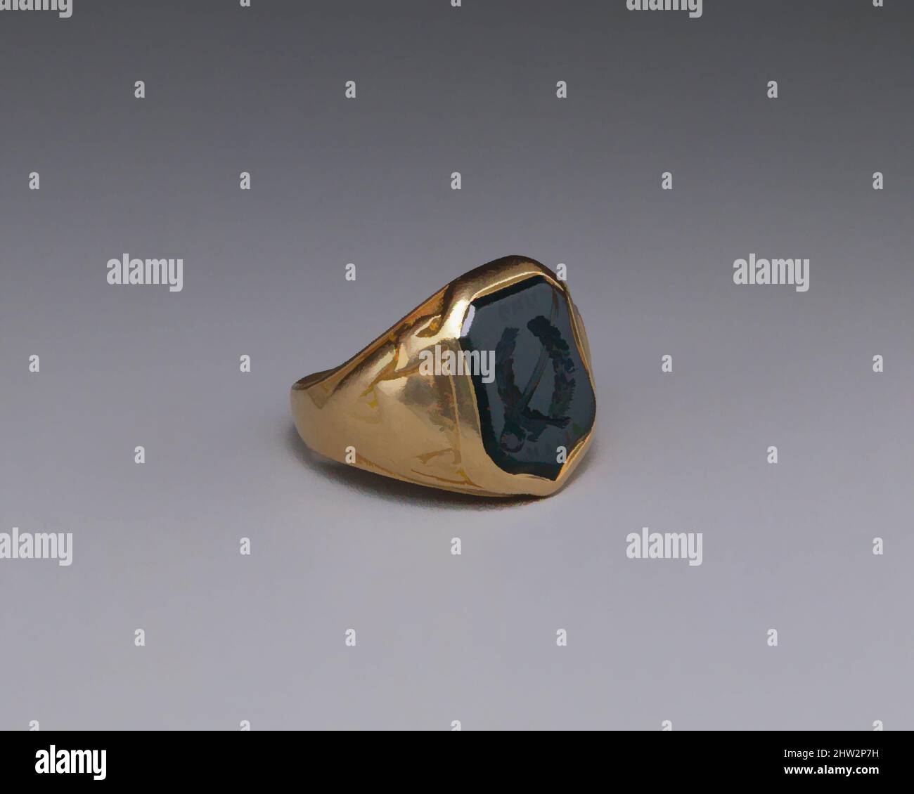 Art inspired by Signet Ring, 1864, Made in New York, New York, United States, American, Gold and bloodstone, L. 7/8 in. (2.2 cm), Diam. 13/16 in. (2.1 cm), Jewelry, Ball, Black & Co. (American, New York, 1851–1874), This class ring was made by prominent New York City jewelers, Ball, Classic works modernized by Artotop with a splash of modernity. Shapes, color and value, eye-catching visual impact on art. Emotions through freedom of artworks in a contemporary way. A timeless message pursuing a wildly creative new direction. Artists turning to the digital medium and creating the Artotop NFT Stock Photo
