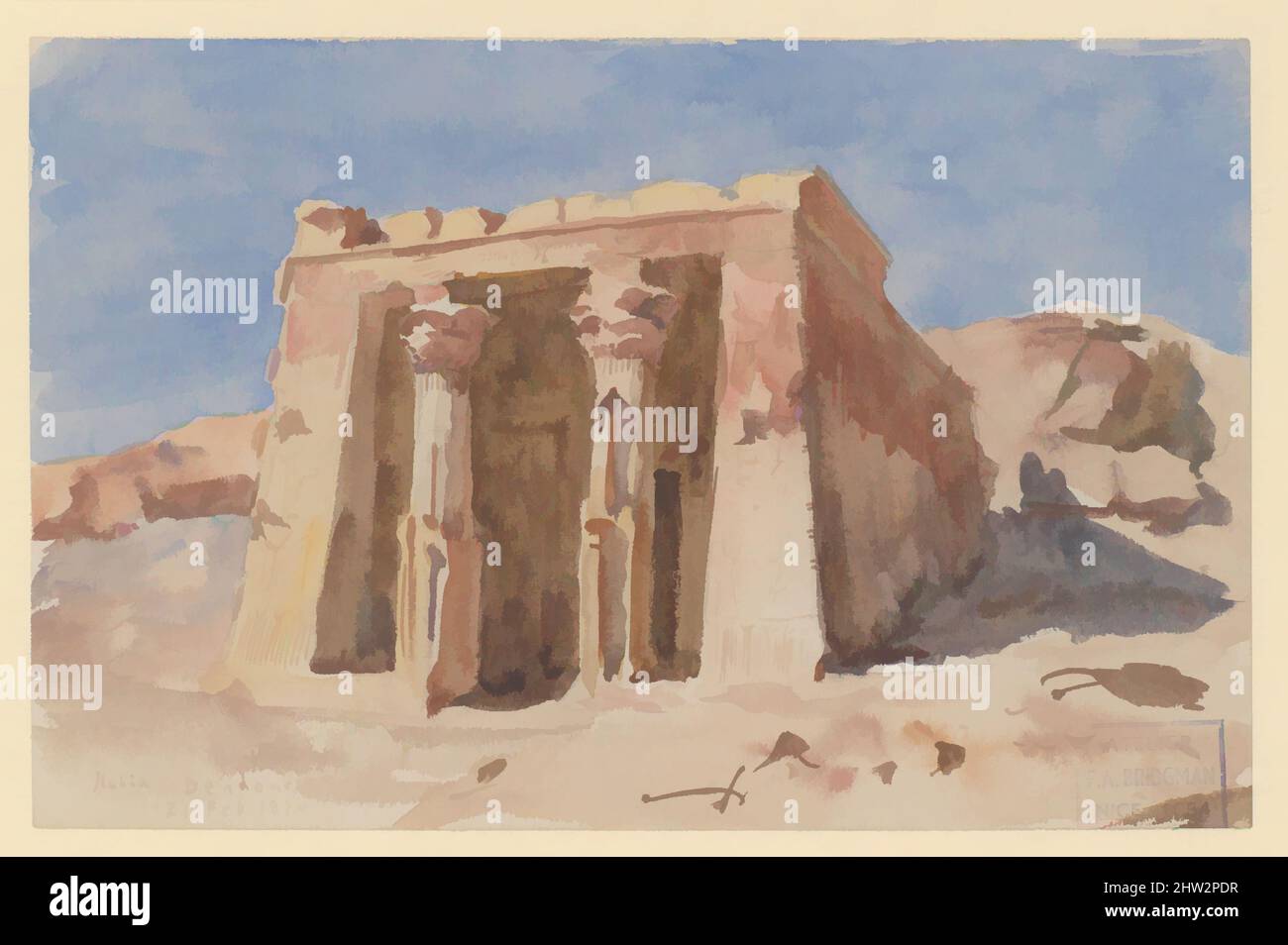 Art inspired by The Temple of Dendur, Watercolor and graphite on off-white wove paper, 4 7/8 x 7 9/16 in. (12.4 x 19.2 cm), Drawings, Frederick Arthur Bridgman (1847–1928, Classic works modernized by Artotop with a splash of modernity. Shapes, color and value, eye-catching visual impact on art. Emotions through freedom of artworks in a contemporary way. A timeless message pursuing a wildly creative new direction. Artists turning to the digital medium and creating the Artotop NFT Stock Photo