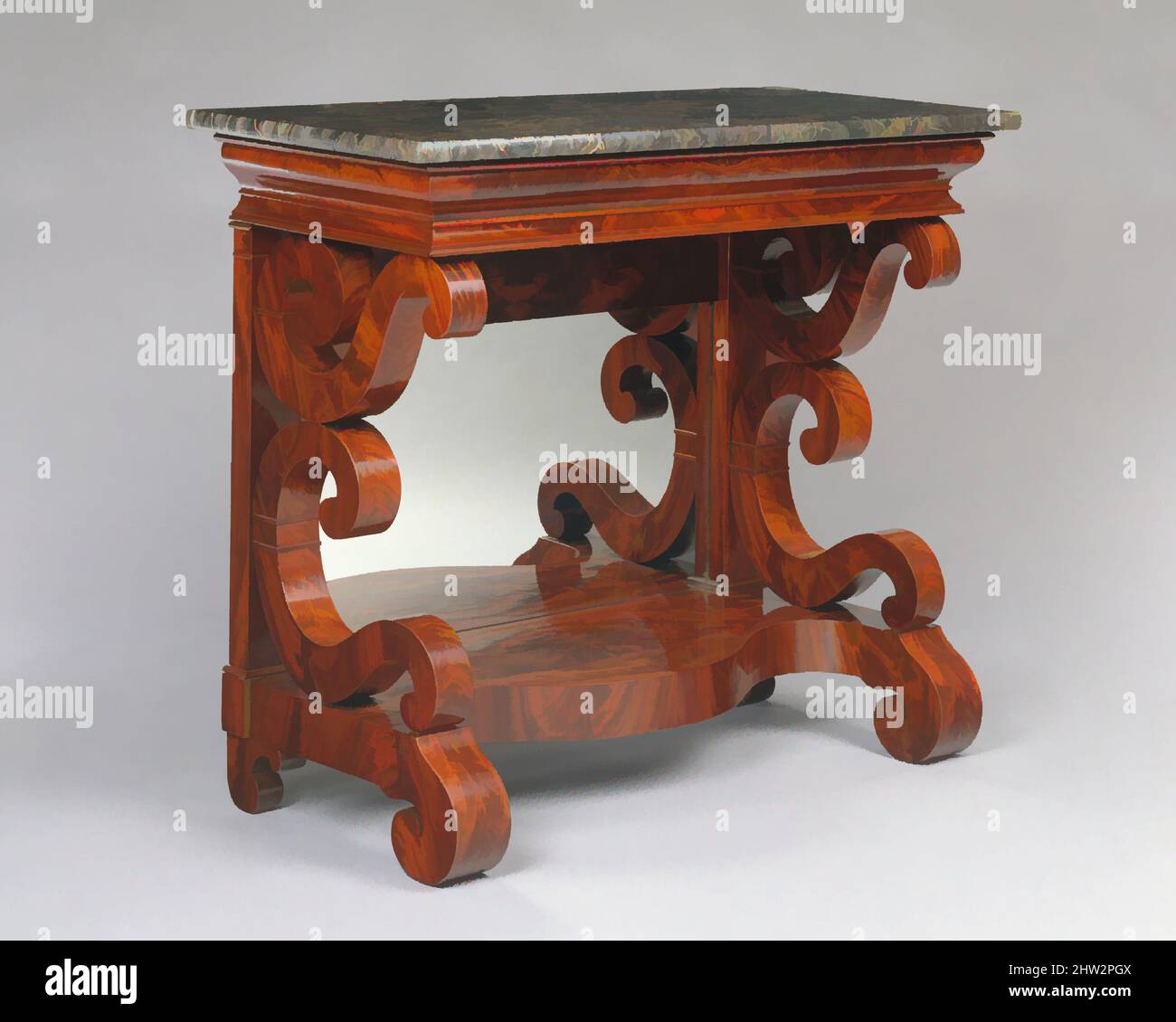 Art inspired by Pier Table, 1829–35, American, Mahogany veneer, mahogany, pine, ash, black marble and silvered glass, 37 x 43 x 20 1/8 in. (94 x 109.2 x 51.1 cm), Furniture, Joseph Meeks & Sons (American, New York, 1829–35), By the early 1830s, simpler Grecian-style furniture with rich, Classic works modernized by Artotop with a splash of modernity. Shapes, color and value, eye-catching visual impact on art. Emotions through freedom of artworks in a contemporary way. A timeless message pursuing a wildly creative new direction. Artists turning to the digital medium and creating the Artotop NFT Stock Photo