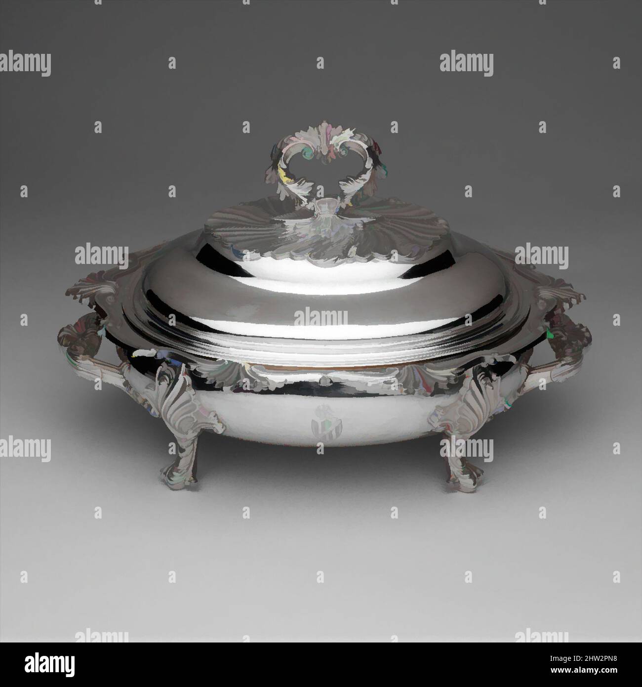 Art inspired by Entree Dish, ca. 1839, Made in Philadelphia, Pennsylvania, American, Silver, Overall: 7 7/8 x 12 5/8 x 10 1/4 in. (20 x 32.1 x 26 cm); 86 oz. 1 dwt. (2676.2 g), Silver, Taylor and Lawrie (active 1837–62), This covered entrée dish, a rare form in American silver, Classic works modernized by Artotop with a splash of modernity. Shapes, color and value, eye-catching visual impact on art. Emotions through freedom of artworks in a contemporary way. A timeless message pursuing a wildly creative new direction. Artists turning to the digital medium and creating the Artotop NFT Stock Photo