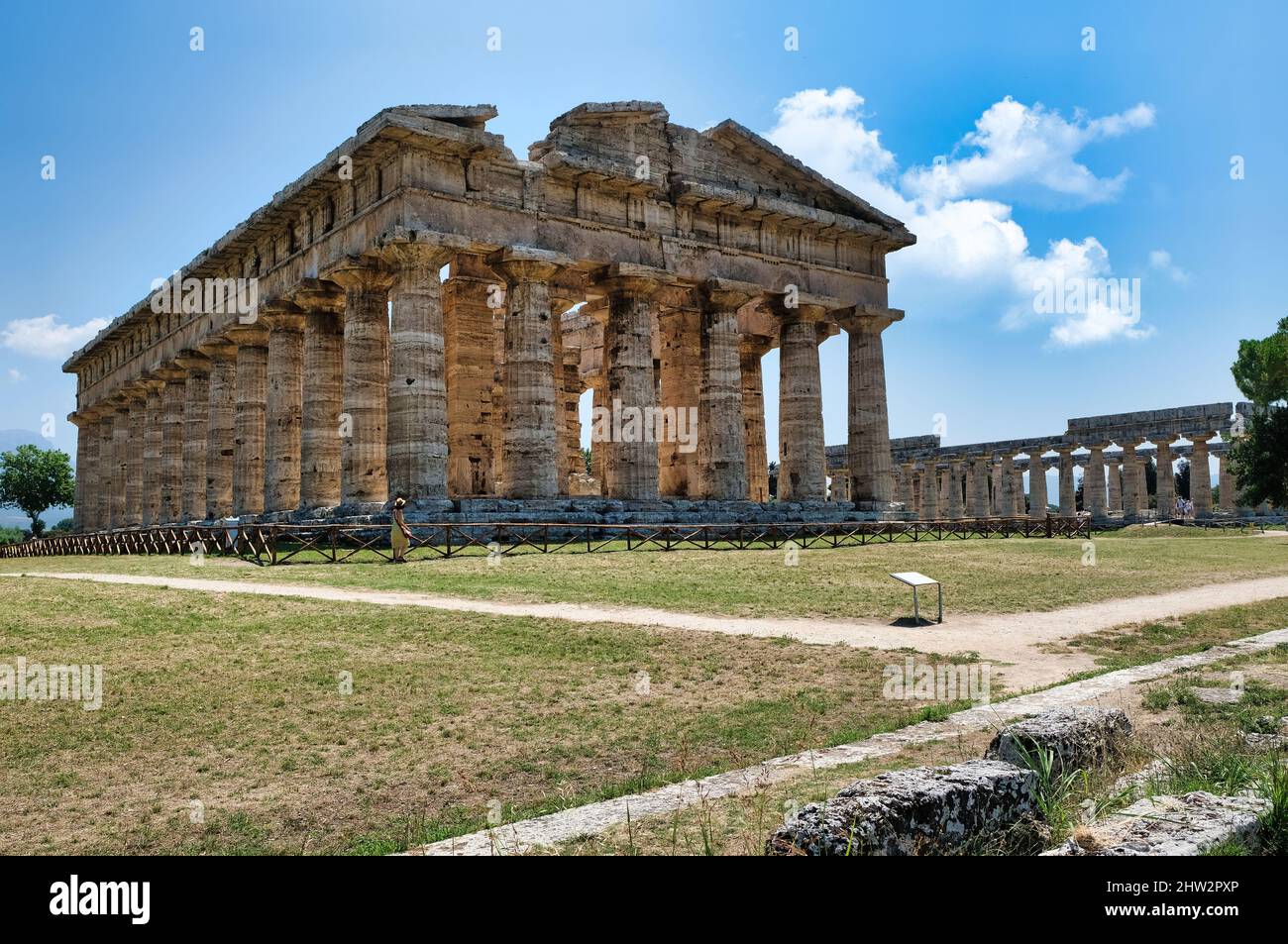 The Temple of Neptune (Temple of Poseidon) is the largest temple of the ancient polis of Paestum,  it has an extraordinarily intact architecture. Stock Photo
