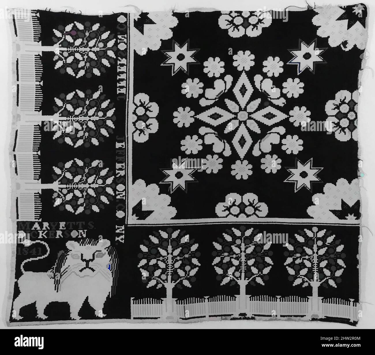Art inspired by Woven coverlet fragment, 1841, Made in Jefferson County, New York, American, Wool and cotton; doublecloth, woven on a hand-loom with a Jacquard attachment, 32 1/2 x 29 in. (82.6 x 73.7 cm), Textiles, Harry Tyler (1801–1858, Classic works modernized by Artotop with a splash of modernity. Shapes, color and value, eye-catching visual impact on art. Emotions through freedom of artworks in a contemporary way. A timeless message pursuing a wildly creative new direction. Artists turning to the digital medium and creating the Artotop NFT Stock Photo