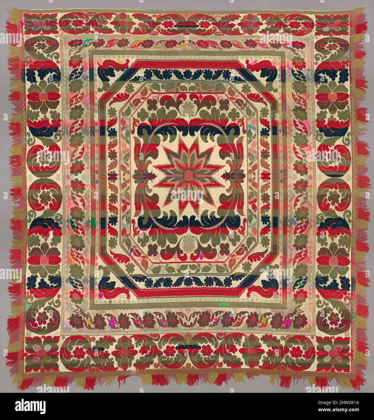 Art inspired by Coverlet, ca. 1850–70, Wool and cotton, Jacquard-loom-woven, 85 1/2 x 79 in. (217.2 x 200.7 cm), Textiles, Classic works modernized by Artotop with a splash of modernity. Shapes, color and value, eye-catching visual impact on art. Emotions through freedom of artworks in a contemporary way. A timeless message pursuing a wildly creative new direction. Artists turning to the digital medium and creating the Artotop NFT Stock Photo