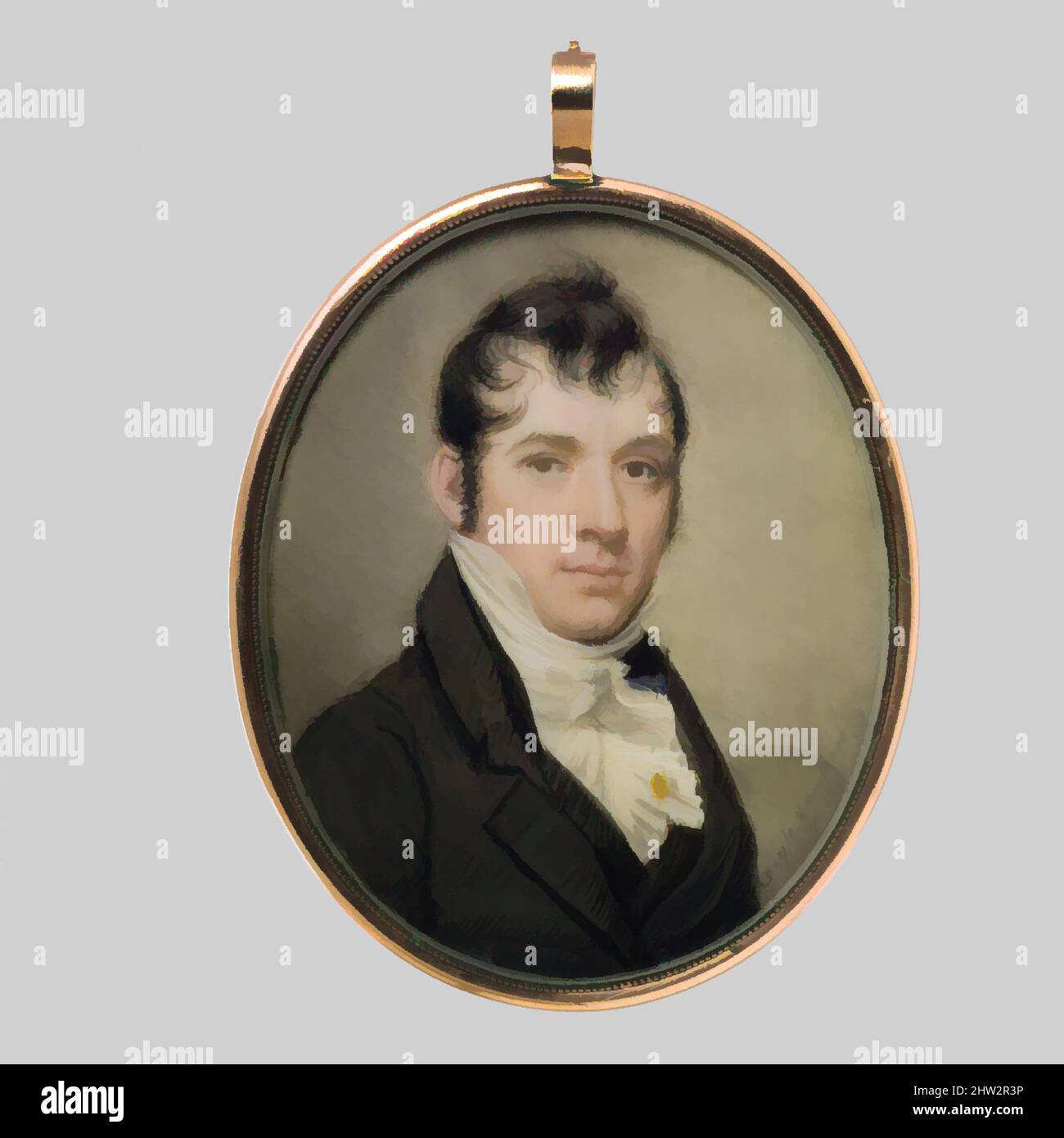 Art inspired by Portrait of a Gentleman, 1810, Watercolor on ivory, 3 x 2 3/8 in. (7.6 x 6 cm), Paintings, William M. S. Doyle (American, Boston, Massachusetts 1769–1828 Boston, Massachusetts), Henry Williams (American, Boston, Massachusetts 1787–1830 Boston, Massachusetts, Classic works modernized by Artotop with a splash of modernity. Shapes, color and value, eye-catching visual impact on art. Emotions through freedom of artworks in a contemporary way. A timeless message pursuing a wildly creative new direction. Artists turning to the digital medium and creating the Artotop NFT Stock Photo