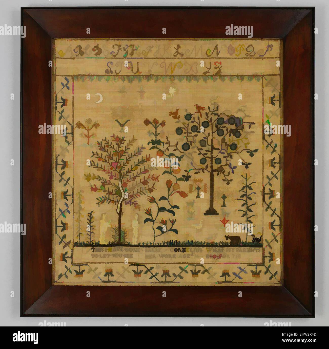 Art inspired by Embroidered sampler, 1806, Made in Somers, New York, United States, American, Embroidered silk on linen, 17 1/4 x 16 1/4 in. (43.8 x 41.3 cm), Textiles, Sally Cornelius (1792–1877, Classic works modernized by Artotop with a splash of modernity. Shapes, color and value, eye-catching visual impact on art. Emotions through freedom of artworks in a contemporary way. A timeless message pursuing a wildly creative new direction. Artists turning to the digital medium and creating the Artotop NFT Stock Photo