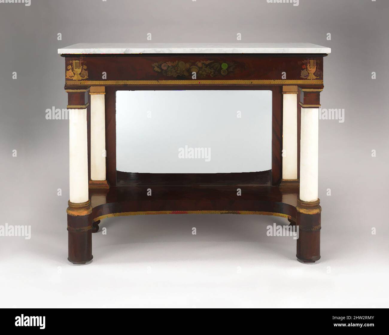 Art inspired by Pier Table, 1825–30, Made in New York, New York, United States, American, Mahogany, marble, gilded wood, mirror glass, white pine apron, plinth, yellow poplar backboard, 6 3/4 x 12 1/2 x 19 1/8 in. (17.1 x 31.8 x 48.6 cm), Furniture, Classic works modernized by Artotop with a splash of modernity. Shapes, color and value, eye-catching visual impact on art. Emotions through freedom of artworks in a contemporary way. A timeless message pursuing a wildly creative new direction. Artists turning to the digital medium and creating the Artotop NFT Stock Photo
