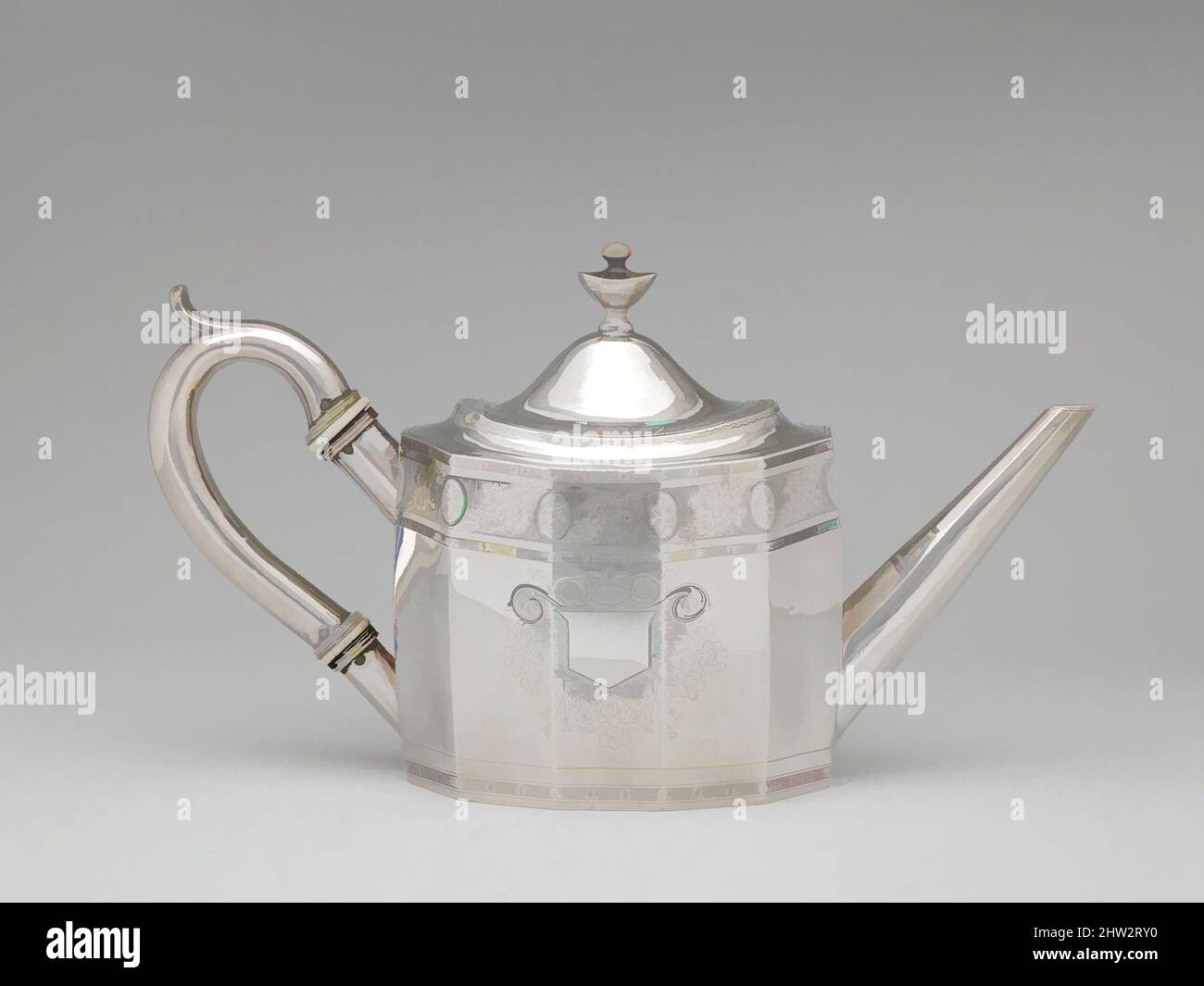 Art inspired by Teapot, ca. 1830, Made in Philadelphia, Pennsylvania, United States, American, Silver, 6 3/4 x 12 x 4 1/2 in. (17.1 x 30.5 x 11.4 cm) 22 oz. 6 dwt. (693.2 g), Silver, Robert and William Wilson (active ca. 1825–ca6, Classic works modernized by Artotop with a splash of modernity. Shapes, color and value, eye-catching visual impact on art. Emotions through freedom of artworks in a contemporary way. A timeless message pursuing a wildly creative new direction. Artists turning to the digital medium and creating the Artotop NFT Stock Photo
