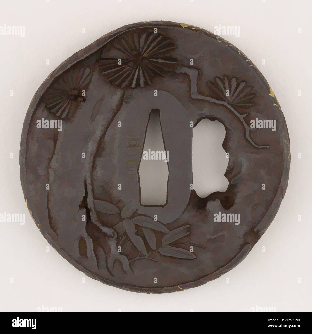 Art inspired by Sword Guard (Tsuba), 18th century, Japanese, Iron, gold, copper, D. 3 1/4 in. (8.3 cm); thickness 9/16 in. (1.4 cm); Wt. 8.9 oz. (252.3 g), Sword Furniture-Tsuba, Classic works modernized by Artotop with a splash of modernity. Shapes, color and value, eye-catching visual impact on art. Emotions through freedom of artworks in a contemporary way. A timeless message pursuing a wildly creative new direction. Artists turning to the digital medium and creating the Artotop NFT Stock Photo