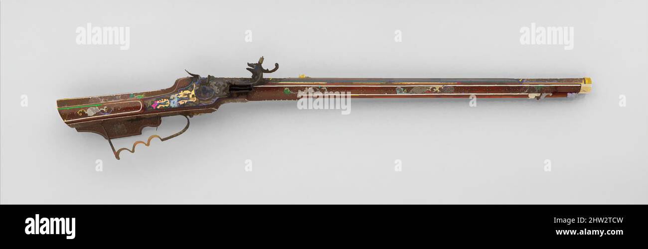 Art inspired by Wheellock Rifle, ca. 1640–50, Munich and Augsburg, German, Munich and Augsburg, Steel, gold, fruitwood, staghorn, bone, L. 41 7/8 in. (106.4 cm); L. of barrel 30 9/16 in. (77.6 cm); Cal. .46 in. (11.7 mm); Wt. 7 lb. 6 oz. (3350 g), Firearms-Guns-Wheellock, Classic works modernized by Artotop with a splash of modernity. Shapes, color and value, eye-catching visual impact on art. Emotions through freedom of artworks in a contemporary way. A timeless message pursuing a wildly creative new direction. Artists turning to the digital medium and creating the Artotop NFT Stock Photo