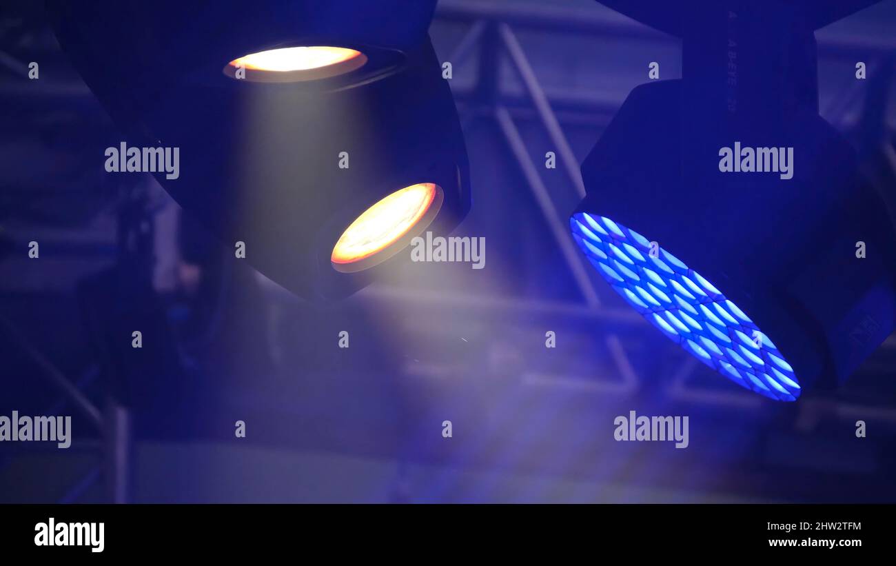 Free stage with lights, lighting devices. Stage lights blue Stock Photo