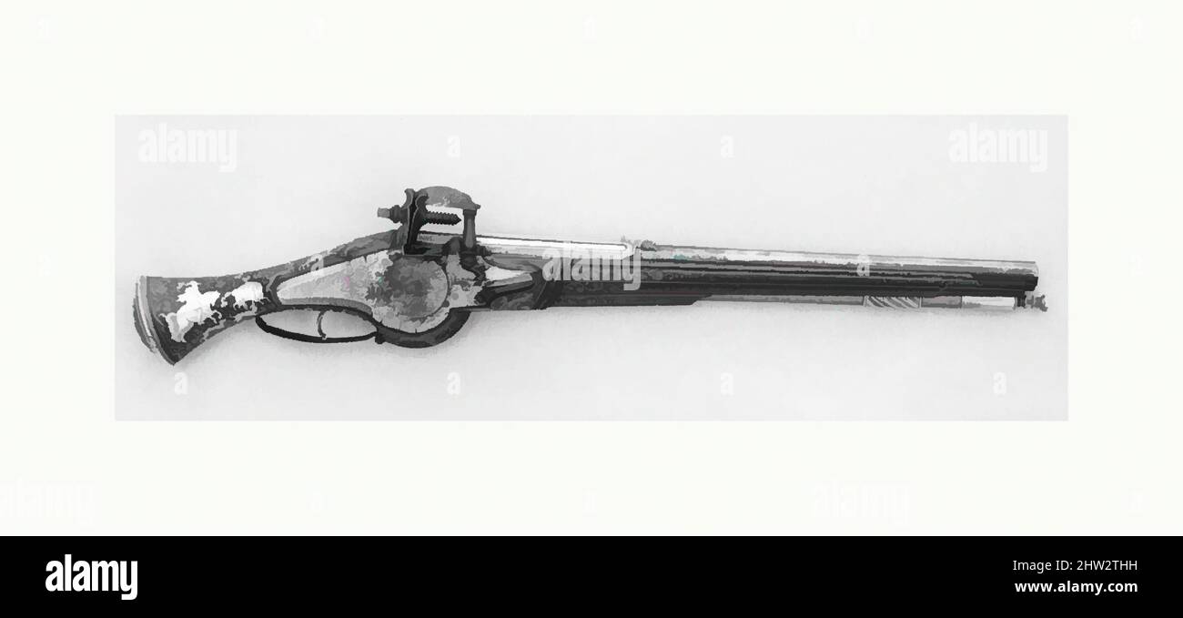 Art inspired by Wheellock Pistol, dated 1630, Zürich, Swiss, Zürich, Steel, bronze, wood (beech), silver, L. 23 1/4 in. (59.1 cm); L. of barrel 16 in. (40.6 cm); L. of plug 1 3/4 in. (4.4 cm); L. of lock 6 1/2 in. (16.5 cm); Cal. 458 in. (11.6 mm); Wt. 3 lb. 7 oz. (1559 g), Firearms-, Classic works modernized by Artotop with a splash of modernity. Shapes, color and value, eye-catching visual impact on art. Emotions through freedom of artworks in a contemporary way. A timeless message pursuing a wildly creative new direction. Artists turning to the digital medium and creating the Artotop NFT Stock Photo