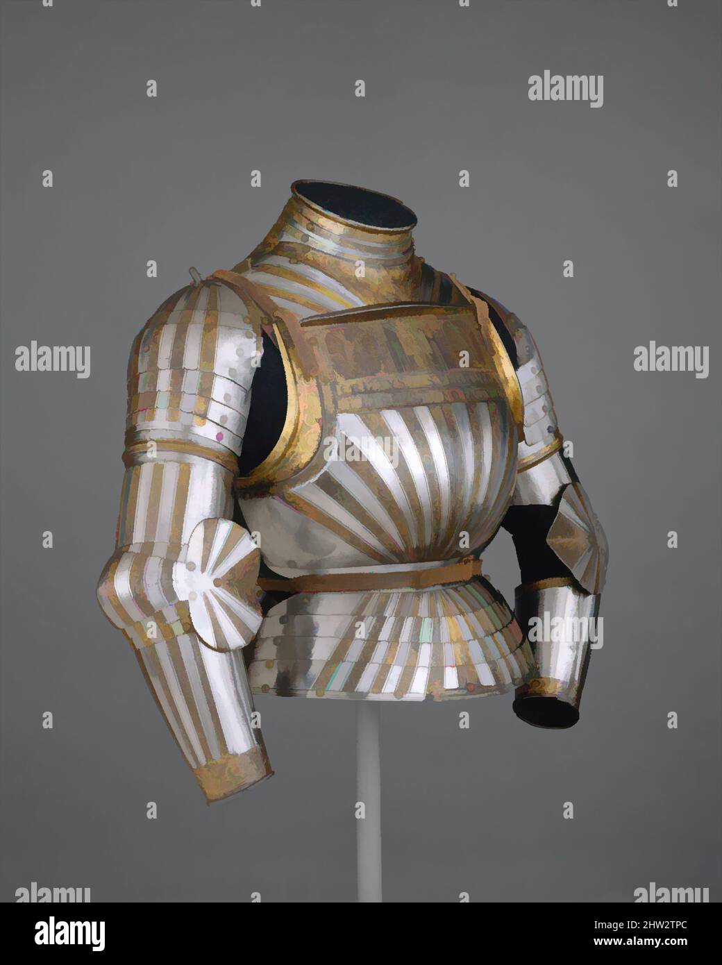 Art inspired by Elements of a Light-Cavalry Armor, ca. 1510, Milan, Italian, Milan, Steel, gold, copper alloy, Wt. 19 lb. 13 oz. (8987 g), Armor for Man-1/2 Armor, This is a rare example of Italian armor decorated with fluted surfaces in the German fashion. Its etched and richly gilt, Classic works modernized by Artotop with a splash of modernity. Shapes, color and value, eye-catching visual impact on art. Emotions through freedom of artworks in a contemporary way. A timeless message pursuing a wildly creative new direction. Artists turning to the digital medium and creating the Artotop NFT Stock Photo