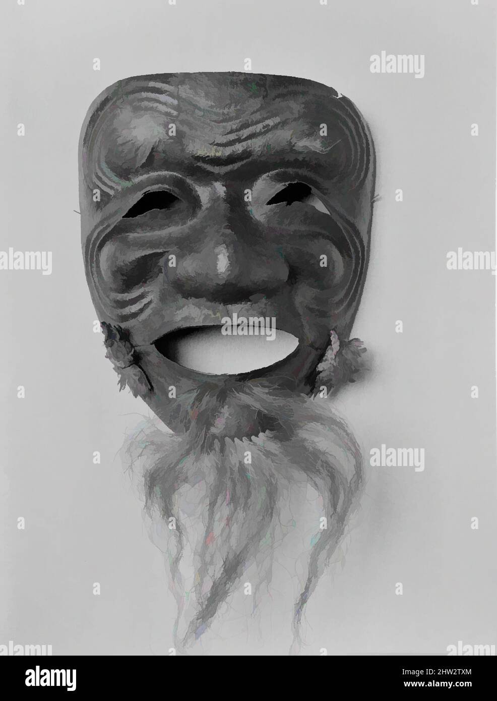 Art inspired by Mask (Sōmen), possibly 15th century, Japanese, Iron, lacquer, hair, textile (silk), H. 7 3/16 in. (18.3 cm); W. 5 3/4 in. (14.6 cm), Armor Parts-Masks, This is one of the earliest surviving examples of a full face mask (somen). It is also very rare for being modeled on, Classic works modernized by Artotop with a splash of modernity. Shapes, color and value, eye-catching visual impact on art. Emotions through freedom of artworks in a contemporary way. A timeless message pursuing a wildly creative new direction. Artists turning to the digital medium and creating the Artotop NFT Stock Photo