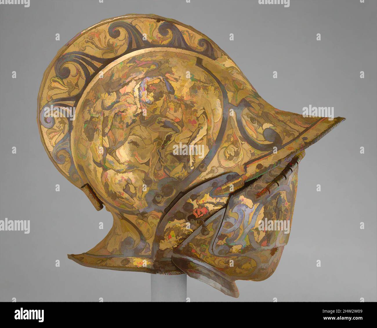 Art inspired by Buffe, ca. 1550, French, Steel, gold, H. 8 7/8 in. (22.5 cm); W. 7 1/4 in. (18.4 cm); D. 4 3/4 in. (12.1 cm); Wt. without burgonet 1 lb. 2 oz. (499 g), Helmets Parts, This buffe belongs to a burgonet. The medallions on either side of the helmet bowl are embossed with, Classic works modernized by Artotop with a splash of modernity. Shapes, color and value, eye-catching visual impact on art. Emotions through freedom of artworks in a contemporary way. A timeless message pursuing a wildly creative new direction. Artists turning to the digital medium and creating the Artotop NFT Stock Photo