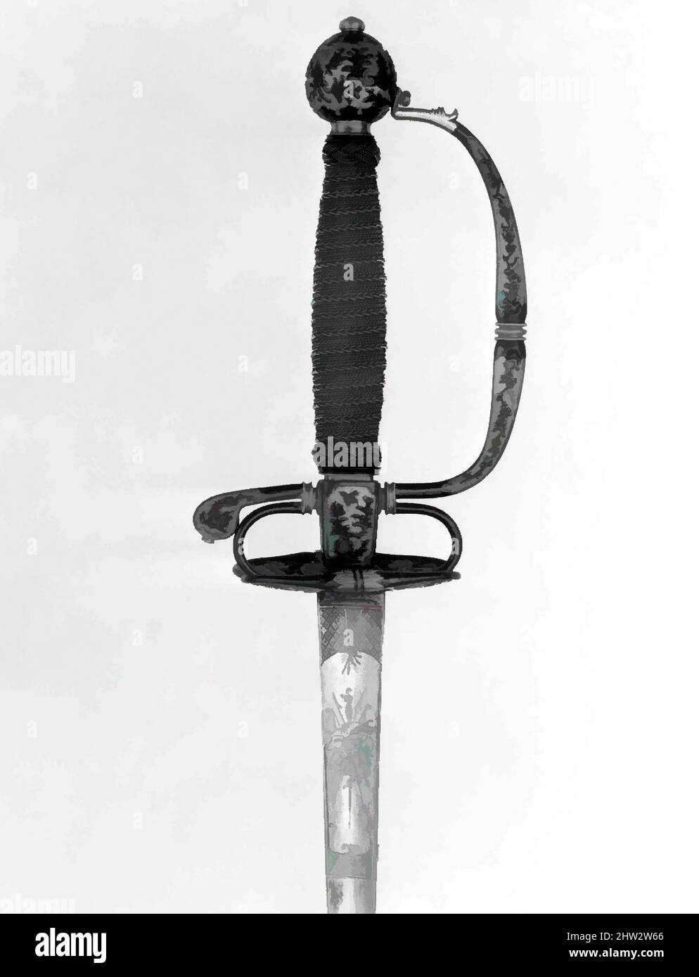 Art inspired by Smallsword Hilt and Blade, ca. 1730, Nagasaki, hilt, Japanese, possibly Dejima; blade, European, Steel, copper-gold alloy (shakudō), gold, Hilt (a); L. approx. 7 in. (17.8 cm); W. approx. 4 in. (10.2 cm); Wt. 5.3 oz. (150.3 g); blade (b); L. 40 1/8 in. (101.9 cm); Wt. 5, Classic works modernized by Artotop with a splash of modernity. Shapes, color and value, eye-catching visual impact on art. Emotions through freedom of artworks in a contemporary way. A timeless message pursuing a wildly creative new direction. Artists turning to the digital medium and creating the Artotop NFT Stock Photo