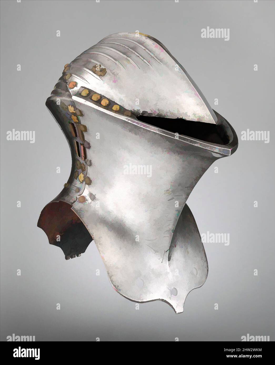 Art inspired by Helm for the Joust of Peace (Stechhelm), ca. 1500, probably Nuremberg, German, probably Nuremberg, Steel, copper alloy, H. 17 3/4 in. (45 cm); W. 11 1/2 in. (29.2 cm); D. 18 in. (45.7 cm); Wt. 17 lb. 14 oz. (8097 g), Helmets, The Stechhelm formed part of a highly, Classic works modernized by Artotop with a splash of modernity. Shapes, color and value, eye-catching visual impact on art. Emotions through freedom of artworks in a contemporary way. A timeless message pursuing a wildly creative new direction. Artists turning to the digital medium and creating the Artotop NFT Stock Photo
