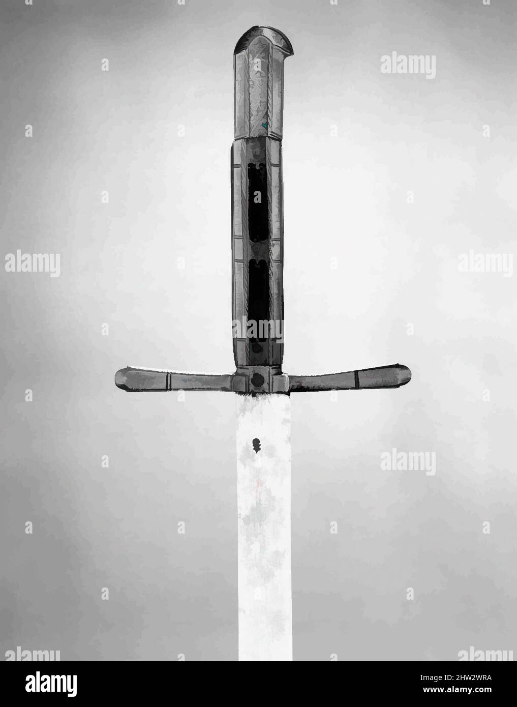 Art inspired by Hunting Sword, ca. 1500, Hall, Tyrol, Austrian, Hall, Steel, copper alloy, horn, bone, L. 49 1/2 in. (125.7 cm); L. of blade 40 in. (101.6 cm); W. of blade 1 7/16 in. (3.6 cm); Wt. 3 ls. 9 oz. (1615.9 g), Swords, Designed as a defense against large game, such as bear, Classic works modernized by Artotop with a splash of modernity. Shapes, color and value, eye-catching visual impact on art. Emotions through freedom of artworks in a contemporary way. A timeless message pursuing a wildly creative new direction. Artists turning to the digital medium and creating the Artotop NFT Stock Photo