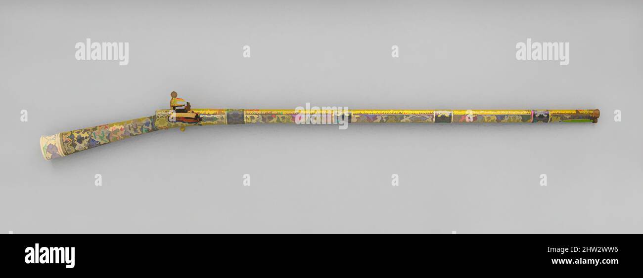 Art inspired by Flintlock Rifle, ca. 1800–1850, Kubachi, Caucasian, Kubachi, Dagestan, Steel, silver, niello, gold, ivory, L. 52 in. (132.08 cm); Cal. .56 in. (14.22 mm), Firearms-Guns-Flintlock, This rifle was probably made in the Dagestani village of Kubachi, the principal armsmaking, Classic works modernized by Artotop with a splash of modernity. Shapes, color and value, eye-catching visual impact on art. Emotions through freedom of artworks in a contemporary way. A timeless message pursuing a wildly creative new direction. Artists turning to the digital medium and creating the Artotop NFT Stock Photo