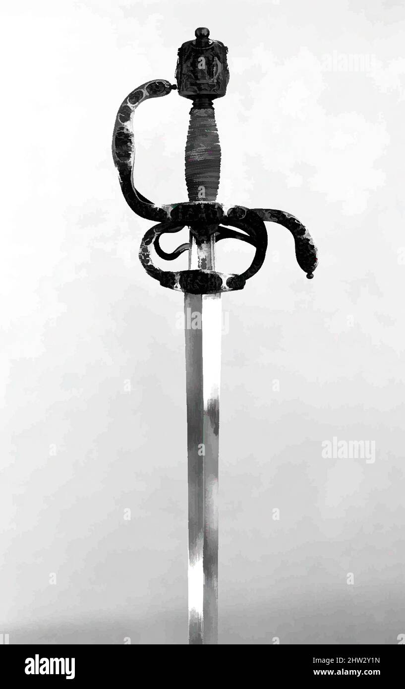 Art inspired by Rapier of Ambrogio Spinola (1569–1630), ca. 1600, Northern European, possibly France, Steel, L. 46 1/8 in. (117.1 cm); L. of blade 39 3/4 in. (101 cm), Swords, The hilt is finely decorated with small yet amazingly detailed scenes from the Old Testament, encircled by, Classic works modernized by Artotop with a splash of modernity. Shapes, color and value, eye-catching visual impact on art. Emotions through freedom of artworks in a contemporary way. A timeless message pursuing a wildly creative new direction. Artists turning to the digital medium and creating the Artotop NFT Stock Photo