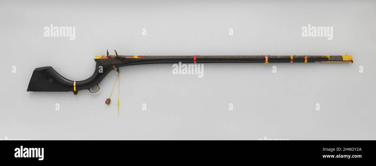 Art inspired by Flintlock Gun, second quarter of the 19th century, Sindh, Indian, Sindh (now Pakistan); lock, British, Steel, ebony, gold, enamel, rubies, emeralds, textile, L. 58 7/8 in. (149.5 cm); L. of barrel 42 3/4 in. (108.6 cm); Cal. .56 in. (14.0 mm); Wt. 9 lb. 11 oz. (4393 g, Classic works modernized by Artotop with a splash of modernity. Shapes, color and value, eye-catching visual impact on art. Emotions through freedom of artworks in a contemporary way. A timeless message pursuing a wildly creative new direction. Artists turning to the digital medium and creating the Artotop NFT Stock Photo