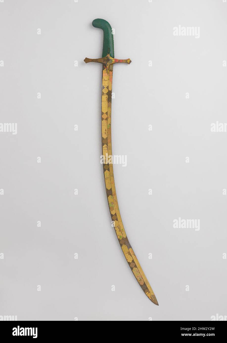 Art inspired by Saber, 1522–66, probably Istanbul, Turkish, probably Istanbul, Steel, gold, fish skin, wood, L. 37 7/8 in. (96.2 cm); L. of blade 30 3/4 in. (78.1 cm); W. 6 1/8 in. (15.5 cm); Wt. 2 lb. 5 oz. (1049 g), Swords, This saber is fitted with one of the finest and best-, Classic works modernized by Artotop with a splash of modernity. Shapes, color and value, eye-catching visual impact on art. Emotions through freedom of artworks in a contemporary way. A timeless message pursuing a wildly creative new direction. Artists turning to the digital medium and creating the Artotop NFT Stock Photo