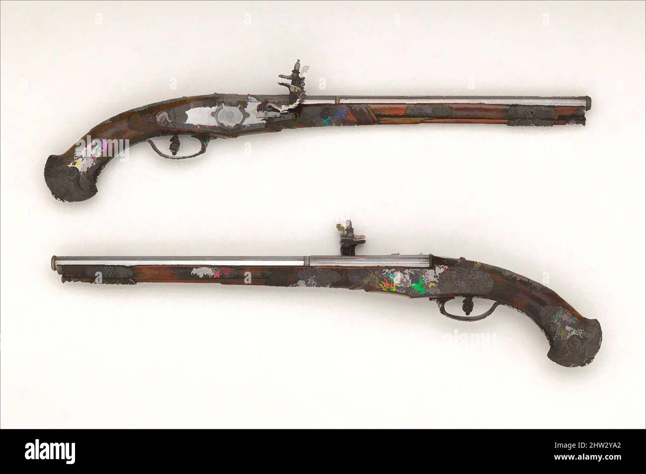 Art inspired by Pair of Wheellock Pistols, mid-17th century, Brescia, Italian, Brescia, Steel, wood (walnut), L. of : 22 11/16 in. (57.7 cm); Cal. of : in. (12.6 mm); Wt. of : 2 lb. 3 oz. (997 g); L. of : 22 13/16 in. (57.9 cm); Cal. of : in. (12.3 mm); Wt. of : 2 lb. 3 oz. (1003 g, Classic works modernized by Artotop with a splash of modernity. Shapes, color and value, eye-catching visual impact on art. Emotions through freedom of artworks in a contemporary way. A timeless message pursuing a wildly creative new direction. Artists turning to the digital medium and creating the Artotop NFT Stock Photo