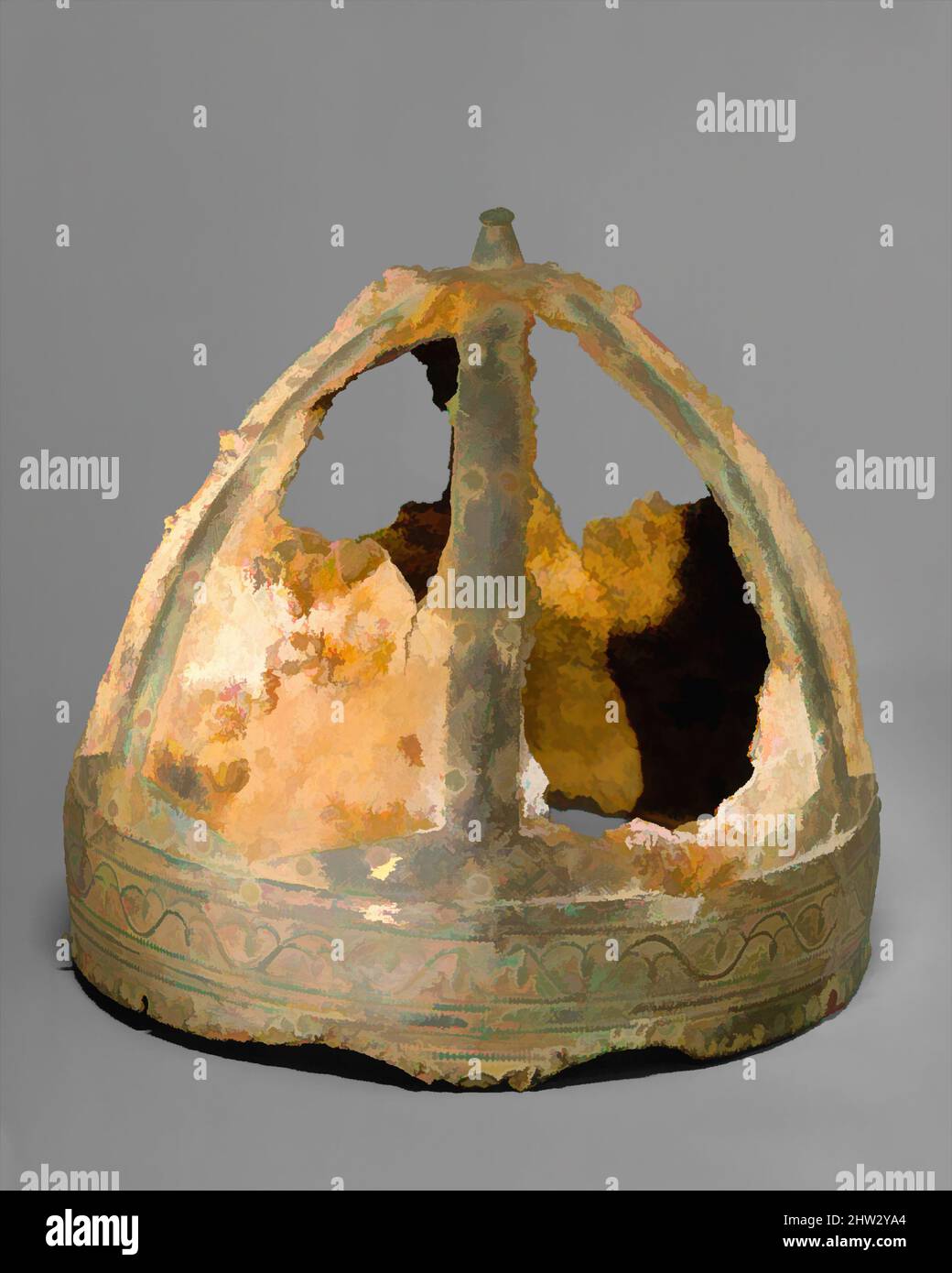 Art inspired by Helmet (Spangenhelm), 6th–7th century, Byzantine or Germanic, Iron, copper alloy, gold, H. 8 9/16 in. (21.8 cm); Diam. 7 13/16 in. (19.9 cm); Wt. 2 lb. (907 g), Helmets, This helmet comes from a small group of closely related Spangenhelme (strap helmets). The sites, Classic works modernized by Artotop with a splash of modernity. Shapes, color and value, eye-catching visual impact on art. Emotions through freedom of artworks in a contemporary way. A timeless message pursuing a wildly creative new direction. Artists turning to the digital medium and creating the Artotop NFT Stock Photo
