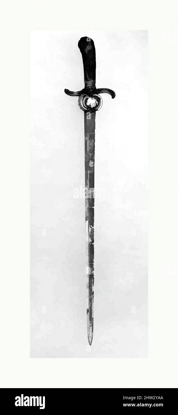 Art inspired by Hunting Sword, ca. 1750, German, Steel, silver, gold, bloodstone, L. 29 in. (73.7 cm), Swords, The bloodstone grip is signed by Johann Georg Klett, who was appointed court stone carver to Friedrich August II (reigned 1733–63), prince-elector of Saxony, in 1755. Klett is, Classic works modernized by Artotop with a splash of modernity. Shapes, color and value, eye-catching visual impact on art. Emotions through freedom of artworks in a contemporary way. A timeless message pursuing a wildly creative new direction. Artists turning to the digital medium and creating the Artotop NFT Stock Photo