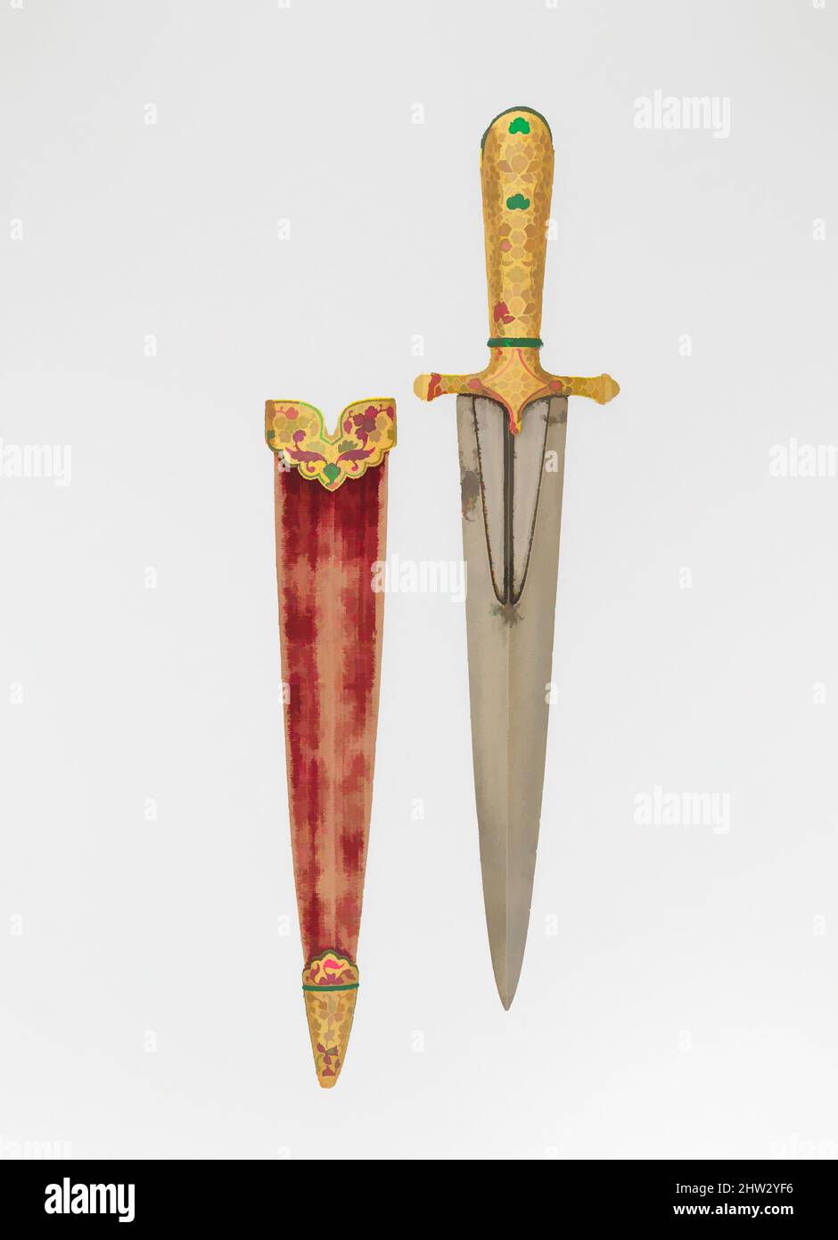 Art inspired by Dagger with Scabbard, 1605–27, Indian, Mughal, Steel, iron, gold, rubies, emeralds, glass, wood, textile, L. 14 5/8 in. (37.1 cm); L. without scabbard 13 15/16 in. (35.4 cm); L. of grip 4 13/16 in. (12.2 cm); L. of blade 9 1/8 in. (23.2 cm); W. of grip 1 3/4 in. (4.4 cm, Classic works modernized by Artotop with a splash of modernity. Shapes, color and value, eye-catching visual impact on art. Emotions through freedom of artworks in a contemporary way. A timeless message pursuing a wildly creative new direction. Artists turning to the digital medium and creating the Artotop NFT Stock Photo