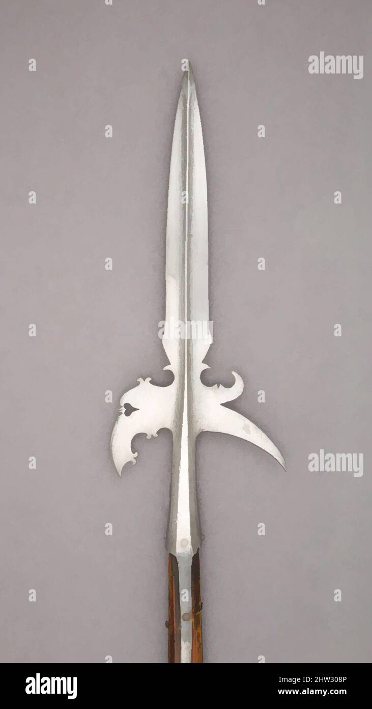 Art inspired by Halberd, ca. 1620, Flemish, Steel, wood, L. 83 1/4 in. (211.5 g); L. of head 19 11/16 in. (50 cm); W. 7 1/4 in. (18.5 cm); Wt. 4 lbs. 7 oz. (2012.8 g), Shafted Weapons, Classic works modernized by Artotop with a splash of modernity. Shapes, color and value, eye-catching visual impact on art. Emotions through freedom of artworks in a contemporary way. A timeless message pursuing a wildly creative new direction. Artists turning to the digital medium and creating the Artotop NFT Stock Photo