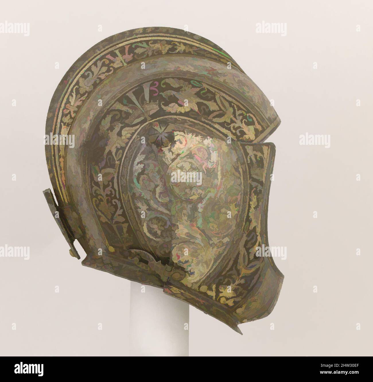 Art inspired by Close-Helmet of Vicenzo I Gonzaga (1562–1612), Duke of Mantua, ca. 1587, Milan, Italian, Milan, Steel, gold, silver, Helmet (a); H. 13 in. (33 cm); W. 8 3/4 in. (22.2 cm); D. 9 1/2 in. (24.1 cm); Wt. 5 lb. 2.4 oz. (2336 g); brim (b); H. 3 in. (7.6 cm); W. 8 3/4 in. (22., Classic works modernized by Artotop with a splash of modernity. Shapes, color and value, eye-catching visual impact on art. Emotions through freedom of artworks in a contemporary way. A timeless message pursuing a wildly creative new direction. Artists turning to the digital medium and creating the Artotop NFT Stock Photo