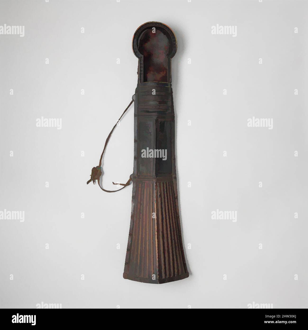 Art inspired by Quiver (mda' shubs) with Accessory, late 13th–15th century, Tibetan or Mongolian, Leather, iron, copper alloy, wicker (bamboo or cane), wood, L. 32 1/2 in. (82.6 cm); W. 8 7/8 in. (22.5 cm), Archery Equipment-Bows, This quiver represents a very rare type, the basic form, Classic works modernized by Artotop with a splash of modernity. Shapes, color and value, eye-catching visual impact on art. Emotions through freedom of artworks in a contemporary way. A timeless message pursuing a wildly creative new direction. Artists turning to the digital medium and creating the Artotop NFT Stock Photo