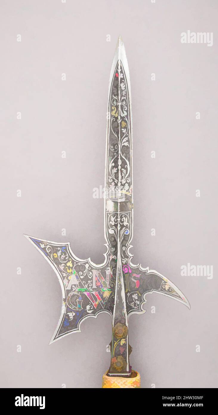 Art inspired by Halberd of Johann Georg, Prince-Elector of Brandenburg (reigned 1571–98), dated 1570, German, Steel, wood, textile, L. 8 ft. 7 1/2 in. (262.9 cm); L. of head 21 1/4 in. (54 cm); W. 10 1/4 in. (26 cm); Wt. 6 lbs. 1.5 oz. (2764.1 g), Shafted Weapons, Classic works modernized by Artotop with a splash of modernity. Shapes, color and value, eye-catching visual impact on art. Emotions through freedom of artworks in a contemporary way. A timeless message pursuing a wildly creative new direction. Artists turning to the digital medium and creating the Artotop NFT Stock Photo