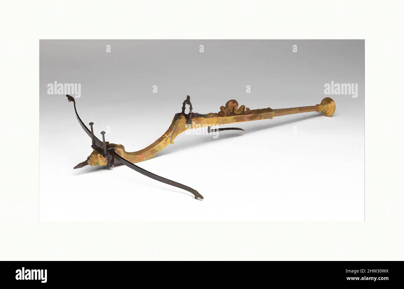 Art inspired by Small Pellet Crossbow in the 16th-Century Style, ca. 1850–90, possibly Paris, probably French, possibly Paris, Steel, copper alloy, gold, L. 25 7/8 in. (65.7 cm); W. 16 9/16 in. (42 cm); Wt. 2 lb. 1 oz. (925 g), Archery Equipment-Crossbows, Classic works modernized by Artotop with a splash of modernity. Shapes, color and value, eye-catching visual impact on art. Emotions through freedom of artworks in a contemporary way. A timeless message pursuing a wildly creative new direction. Artists turning to the digital medium and creating the Artotop NFT Stock Photo