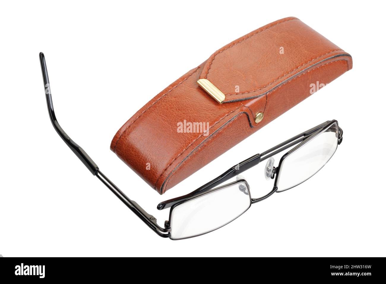 Eyeglasses lying on the glass surface and their reflections Stock Photo