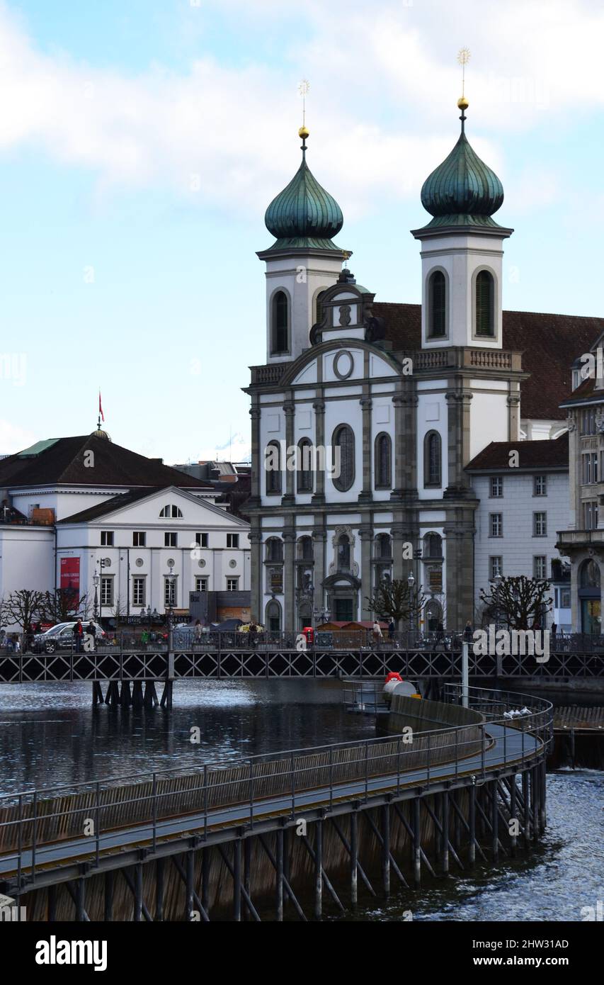 Jesuit Church along the river Reuss in Lucerne's old town Stock Photo